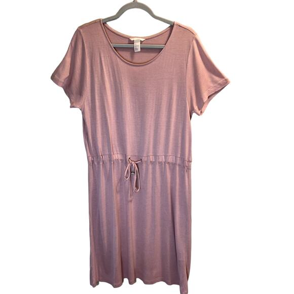 H&M Women's Pale Pink Knit Round Neck Short Sleeve Mini Dress Size Large - Picture 1 of 10